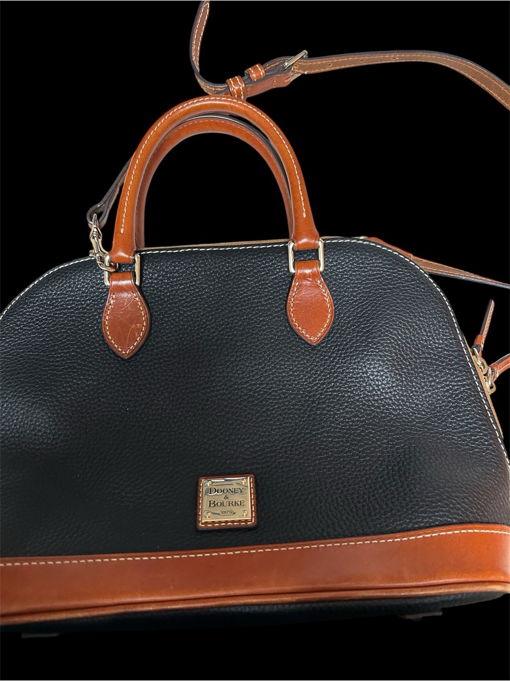 Dooney & Bourke Black Pebbled Leather Satchel with Tan Trim